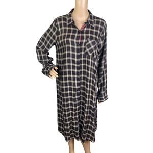 Mystree Black Beige Plaid Paisley Contrasting Panel Tunic Shirt Dress SZ L